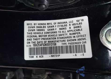 2019 Honda Insight Ex из США, поврежденный, VIN 19XZE4F53KE013158